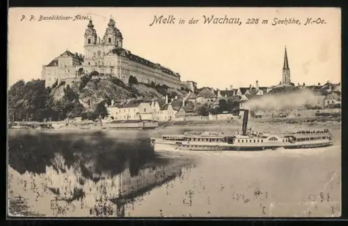 AK Melk in der Wachau, P. P. Benediktiner-Abtei mit Dampfer