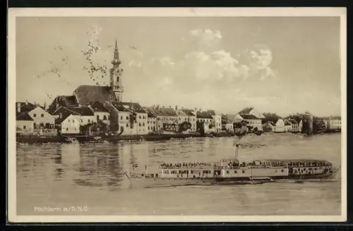AK Pöchlarn /Donau, Dampfer gegen Kirche