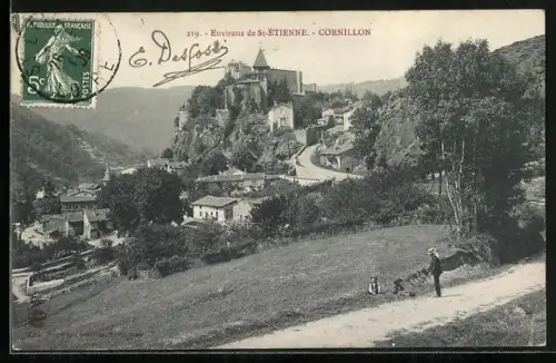 AK Cornillon, Vue du village et du château sur la colline