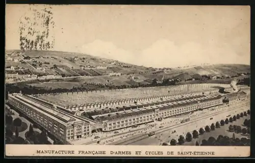AK Saint-Étienne, Manufacture Francaise d`Armes et Cycles avec vue des collines environnantes