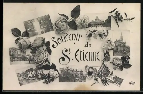 AK Saint-Étienne, Souvenir avec collages de sites emblématiques et roses décoratives