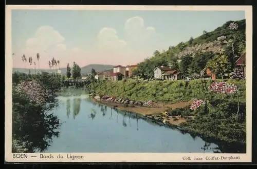 AK Boën, Bords du Lignon avec vue sur les collines verdoyantes et les maisons pittoresques