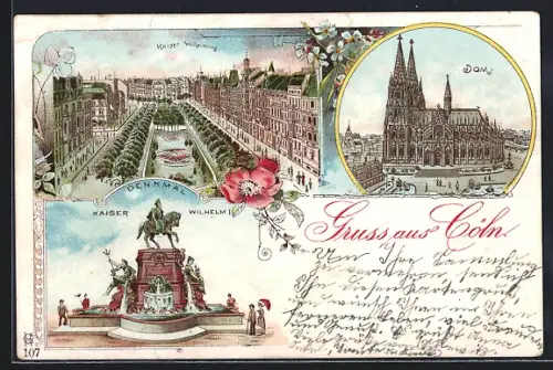 Lithographie Köln, Kaiser-Wilhelm-Denkmal, Dom, Kaiser-Wilhelm-Ring