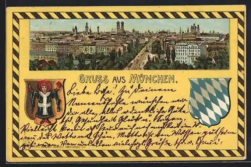 Lithographie München, Stadtpanorama, Münchner Kindl, bayerisches Wappen