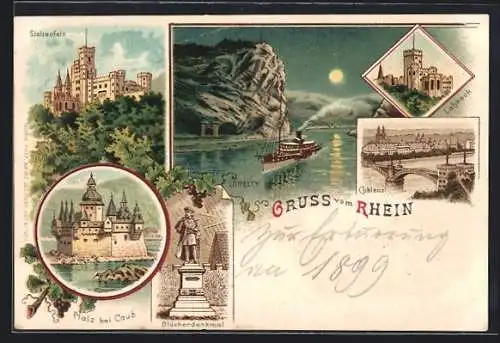 Lithographie Coblenz, Stolzenfels, Loreley, Pfalz bei Caub, Blücherdenkmal, Lahneck