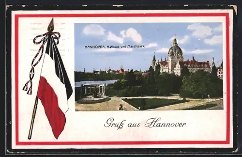 AK Hannover, Rathaus, Maschpark, Reichsfahne