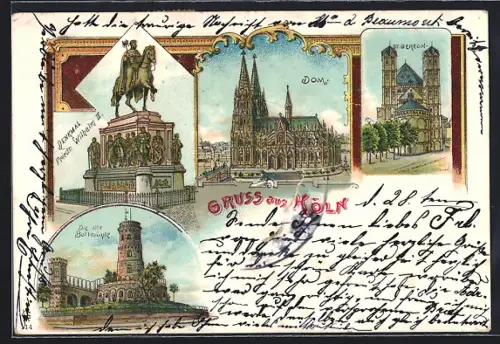 Lithographie Köln, Dom, St. Gereon, Denkmal Friedrich Wilhelm II.