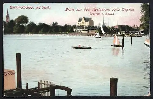 AK Berlin-Stralau, Kirche, Restaurant Fritz Regelin, Wasserpartie