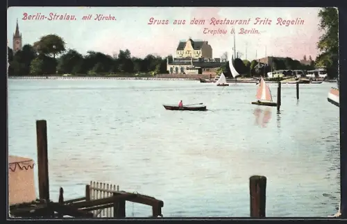 AK Berlin-Stralau, Kirche, Restaurant Fritz Regelin, Wasserpartie
