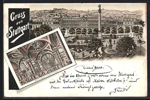 Lithographie Stuttgart, Schlossplatz, Neues Schloss, Bahnhofshalle