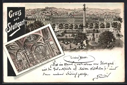 Lithographie Stuttgart, Schlossplatz, Neues Schloss, Bahnhofshalle