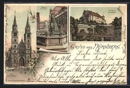 Lithographie Nürnberg, Lorenzkirche, Tugendbrunnen, Burg von Westen