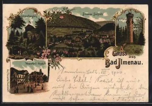 Lithographie Bad Ilmenau, Südseite, Kickelhahn, Wasserheilanstalt, Schwalbenstein