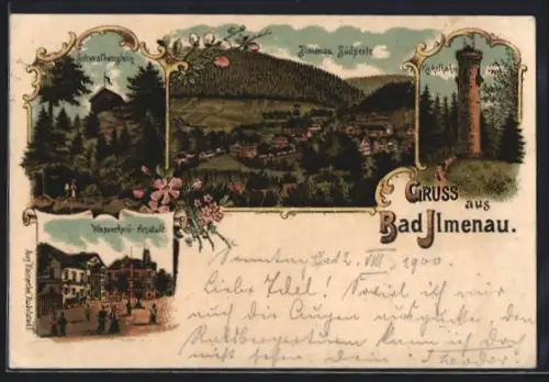 Lithographie Bad Ilmenau, Südseite, Kickelhahn, Wasserheilanstalt, Schwalbenstein