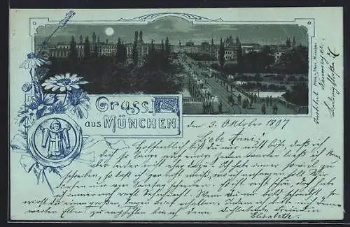 Mondschein-Lithographie München, Stadtansicht mit Brücke und Promenade