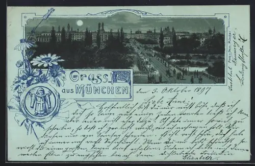 Mondschein-Lithographie München, Stadtansicht mit Brücke und Promenade