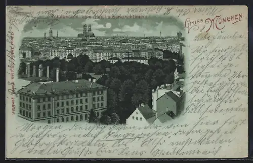 Lithographie München, Totalansicht vom Haidhauserkirchthurm