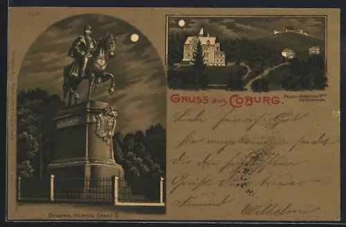 Mondschein-Lithographie Coburg, Denkmal Herzog Ernst II, Palais der Herzogin Wwe. im Hofgarten