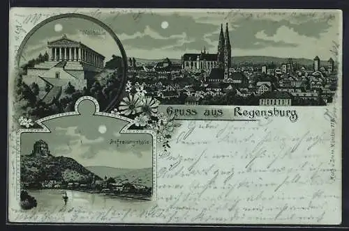 Mondschein-Lithographie Regensburg, Walhalla, Dom, Befreiungshalle