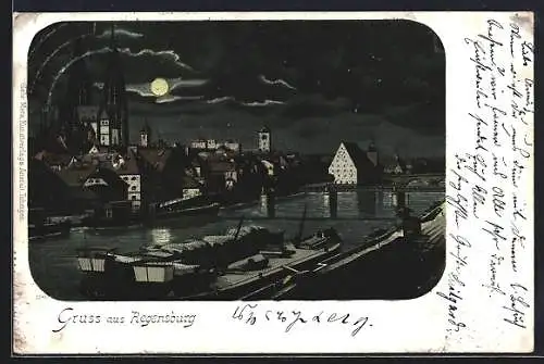 Lithographie Regensburg, Donaubrücke, Steinerne Brücke, Dom bei Nacht