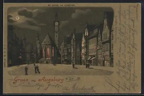 Mondschein-Lithographie Augsburg, St. Jacob mit Vorstadt