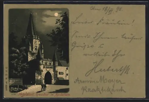 Mondschein-AK Ingolstadt, Kreuztor im Vollmondlicht