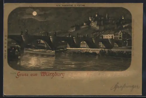 Mondschein-Lithographie Würzburg, Alte Mainbrücke, Festung