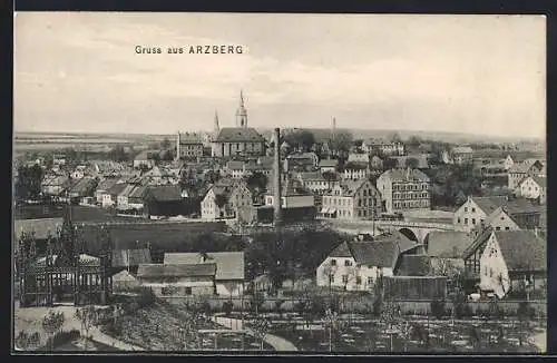 AK Arzberg, Ortsansicht mit Kirche und Fabrikschornstein