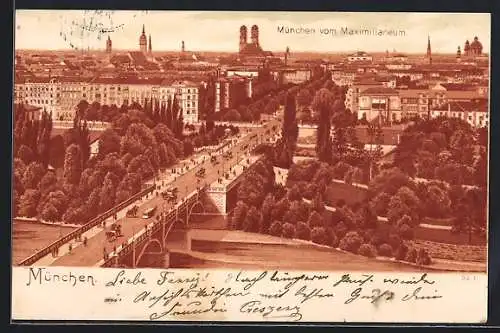 Lithographie München, Blick vom Maximilianeum auf Stadt und Frauenkirche