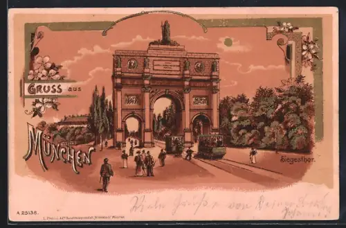 Lithographie München, Siegestor, Strassenbahn, Spaziergänger