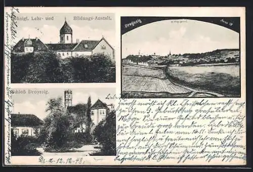 AK Droyssig, Königl. Lehr- und Bildungs-Anstalt, Schloss, Ortsansicht