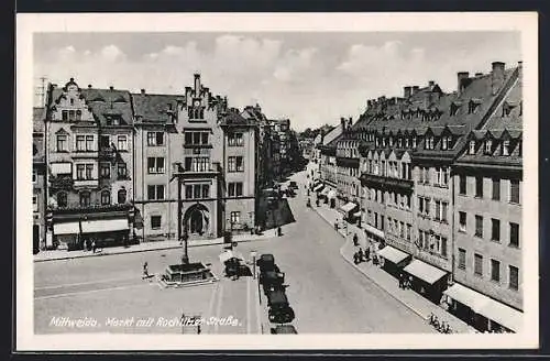 AK Mittweida, Markt mit Rochlitzer Strasse