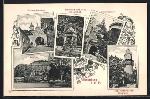 AK Wiesenburg i. d. M., Schloss, Männechentor, Schlossturm mit Eingang
