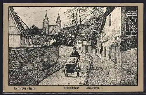 Künstler-AK Gernrode /Harz, Aebtissinstrasse mit Blick zur Kirche
