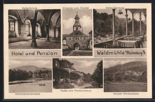AK Blankenburg a. H., Hotel und Pension Waldmühle, Kloster Michaelstein, Mönchemühlenteich