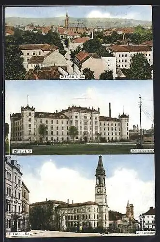 AK Zittau i. Sa., Strassenpartie mit Kirche, Mandaukaserne, Johanneum