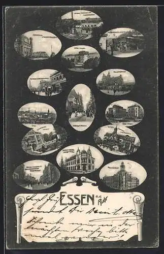 AK Essen a. d. Ruhr, Villa Hügel, Hauptbahnhof, Hauptpostamt