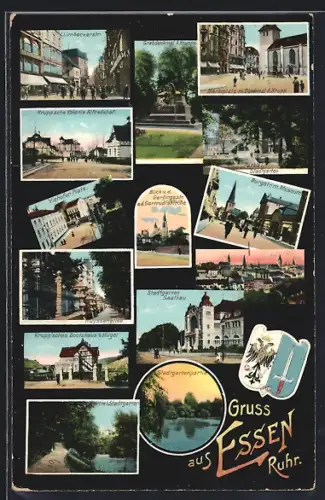 AK Essen /Ruhr, Krupp`sche Kolonie Alfredshof, Krupp`sches Bootshaus b. Hügel, Stadtgarten u. Saalbau