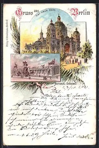 Lithographie Berlin, National-Denkmal und der neue Dom