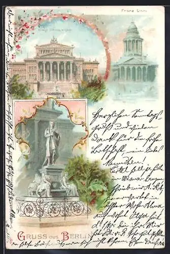 Lithographie Berlin, Königliches Schauspielhaus, Französischer Dom, Schiller-Denkmal, Gendarmenmarkt