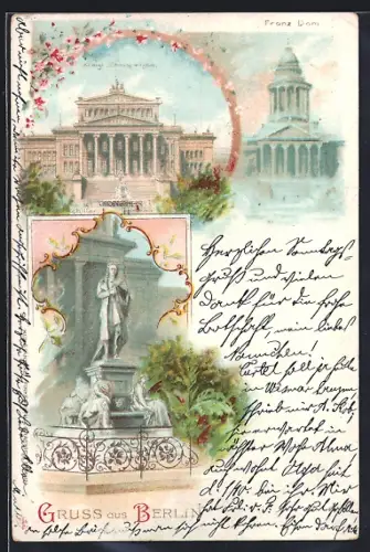 Lithographie Berlin, Königliches Schauspielhaus, Französischer Dom, Schiller-Denkmal, Gendarmenmarkt