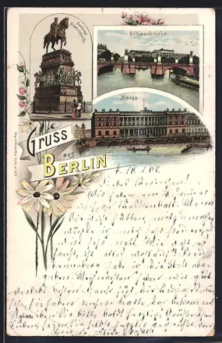 Lithographie Berlin, Börse, Schlossbrücke, Denkmal Friedrich d. Gr.
