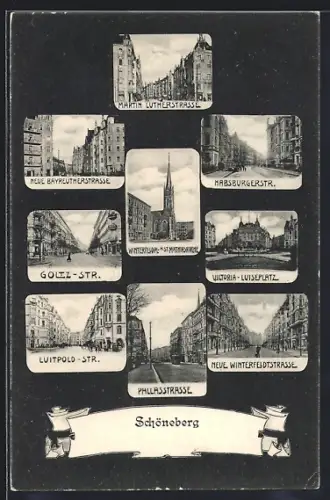 Mikroskop-AK Berlin-Schöneberg, Winterfeldplatz, Victoria-Luiseplatz, Martin-Luther-Strasse
