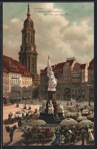 Künstler-AK Dresden, Altmarkt mit Kreuzkirche, Blick vom Cafe Central