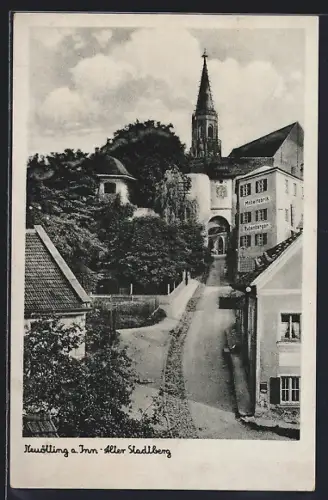 AK Neuötting a. Inn, Alter Stadtberg mit Möbelfabrik Rubenberger und Strassenpartie