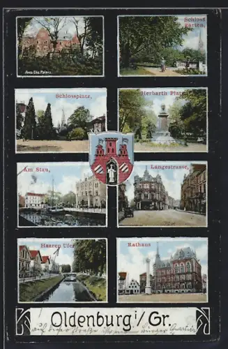 Mikroskop-AK Oldenburg i. Gr., Anna Elis. Palais, Herbarth-Platz, Langestrasse, Rathaus, Haaren-Ufer