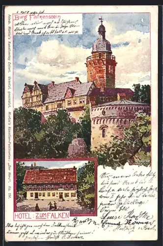 Künstler-AK H. Bahndorf: Pansfelde, Burg Falkenstein, Hotel zum Falken