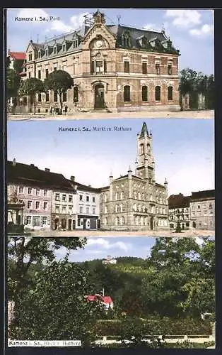 AK Kamenz, Ansicht der Post, Markt mit Rathaus, Blick zum Hutberg