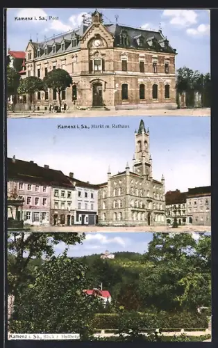 AK Kamenz, Ansicht der Post, Markt mit Rathaus, Blick zum Hutberg
