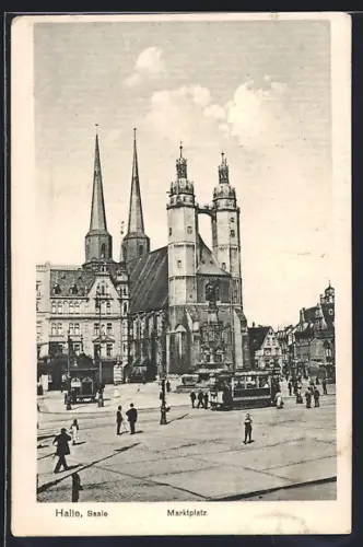 AK Halle /Saale, Marktplatz mit Kirche und Strassenbahn